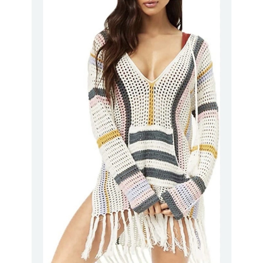 Crochet Beach Coverup Bohemian Fringe Tassel Tie Sz‎ Large